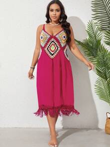 SHEIN VCAY Plus Geo Pattern Fringe Hem Cami Cover Up Dress - Hot Pink - View 5