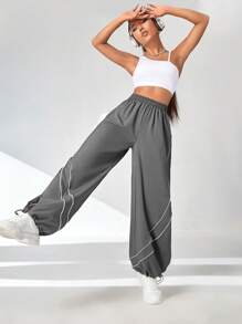 SHEIN Sports Contrast Piping Drawstring Hem Sports Pants - Grey - View 1