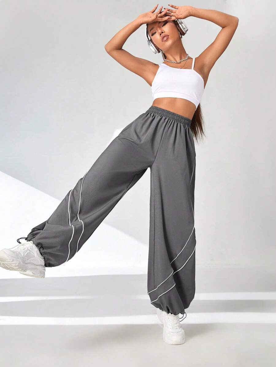 SHEIN Sports Contrast Piping Drawstring Hem Sports Pants - Grey - View 1