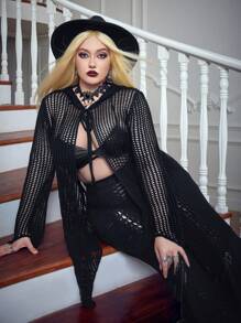 Flirla Plus Tie Front Open Knit Cardigan - Black - View 7