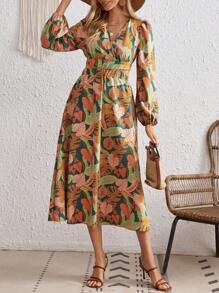 SHEIN VCAY Robe Partout Imprimé Tropical Manches Bouffantes - Multicolore - Voir 3