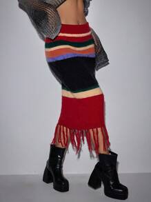 SHEIN Unity Vintage Striped Pattern Fringe Hem Contrast Color Sweater Skirt - Multicolor - View 5