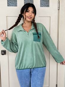 SHEIN EZwear Hơn Tương phản Túi có nắp Thả vai Một nửa khóa kéo Áo nỉ - Màu xanh Bạc hà - Xem 5