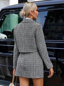 SHEIN Privé Plaid Pattern Double Breasted Tweed Blazer & Skirt - Multicolor - View 2