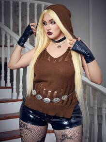 Flirla Plus Solid Ripped Hooded Knit Top - Brown - View 1