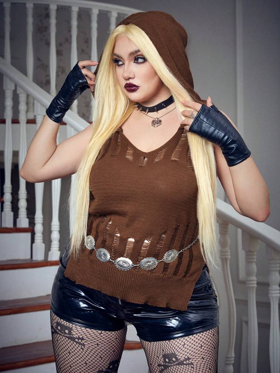 Flirla Plus Solid Ripped Hooded Knit Top - Brown - View 1