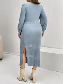 SHEIN Privé Plus Lantern Sleeve Top & Skirt - Blue - View 2