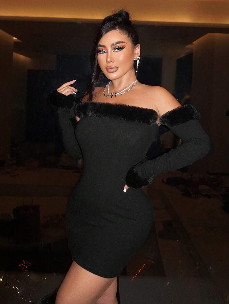SHEIN SXY 一字肩毛茸邊緊身洋裝 - 黑色 - 查看 1