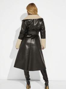 SHEIN SXY Two Tone Belted PU Leather Coat - Black - View 2