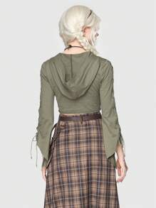 ROMWE Fairycore Chất rắn Thắt Mặt trước Mùa vụ áo có mũ Áo thun - xanh quân đội - Xem 3