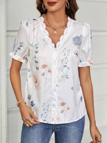 SHEIN Clasi 印花鏤空蕾絲花邊泡泡袖襯衫 - 白色 - 查看 3