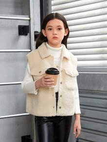 SHEIN Tween Girl Flap Pocket Teddy Vest Jacket - Beige - View 5