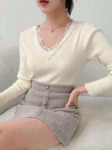 DAZY 蕾絲拼接條紋針織套頭毛衣 - 杏色 - 查看 13