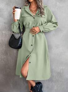 Chiquease 翻蓋口袋插肩袖腰帶襯衫洋裝 - 薄荷綠 - 查看 1