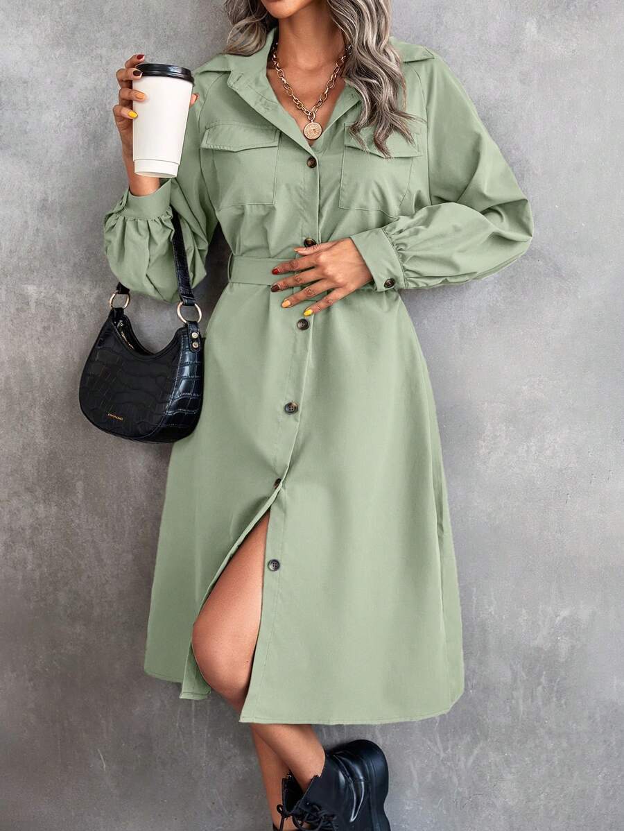 Chiquease 翻蓋口袋插肩袖腰帶襯衫洋裝 - 薄荷綠 - 查看 1