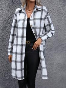 SHEIN LUNE Plaid Print Drop Shoulder Belted Overcoat - Black and White - View 5