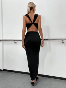 Zolique 垂領扭結露背短款背心&半身裙 - 黑色 - 查看 2