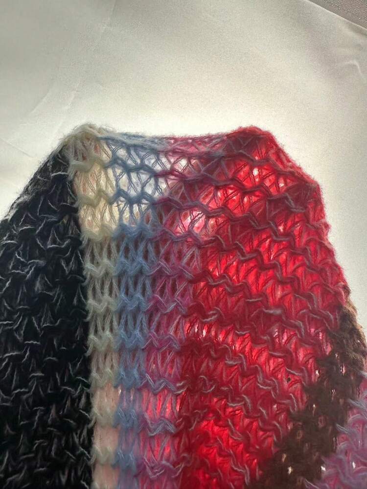 Color Block Pompom Patched Trumpet Sleeve Knit Pullover Fall Winter Sweater