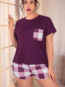 Conjunto de pijama de camiseta y pantalones cortos con bolsillo y parche de estampado a cuadros búfalo talla grande