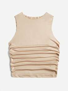 SHEIN EZwear 素色褶邊短款背心 - 卡其色 - 查看 3