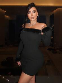 SHEIN SXY 一字肩毛茸邊緊身洋裝 - 黑色 - 查看 5