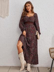 SHEIN VCAY Vestido con estampado de paisley escote corazón de manga farol bajo con fruncido