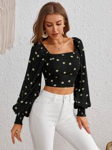 SHEIN VCAY Floral Print Square Neck Lantern Sleeve Crop Blouse - White - View 4
