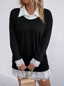 Juhart Plus Contrast Lace 2 In 1 Sweatshirt Dress Graduation,Back To School Outfits,Graduation,Teacher Outfits For Women,Back To School Pullover Fall Outfit Winter Autumn - Black - View 6