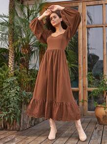 Bohemela Sweetheart Neck Lace Hem Dress - Brown - View 5