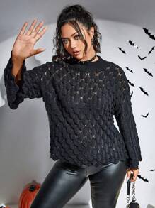 PUNK Plus Halloween Pointelle Knit Flare Sleeve Sweater - Black - View 5