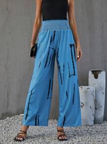 SHEIN LUNE 筆刷圖案闊腿褲 - 藍色 - 查看 3