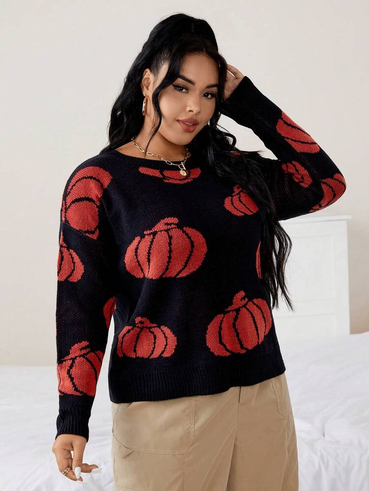 Celure 万圣节南瓜图案落肩针织套头衫，适合秋冬季穿着 - 橘色 - 查看 3