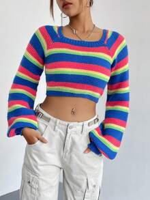 SHEIN Unity Mô hình sọc cầu vồng Tay Raglan Áo len Crop - Nhiều màu - Xem 3