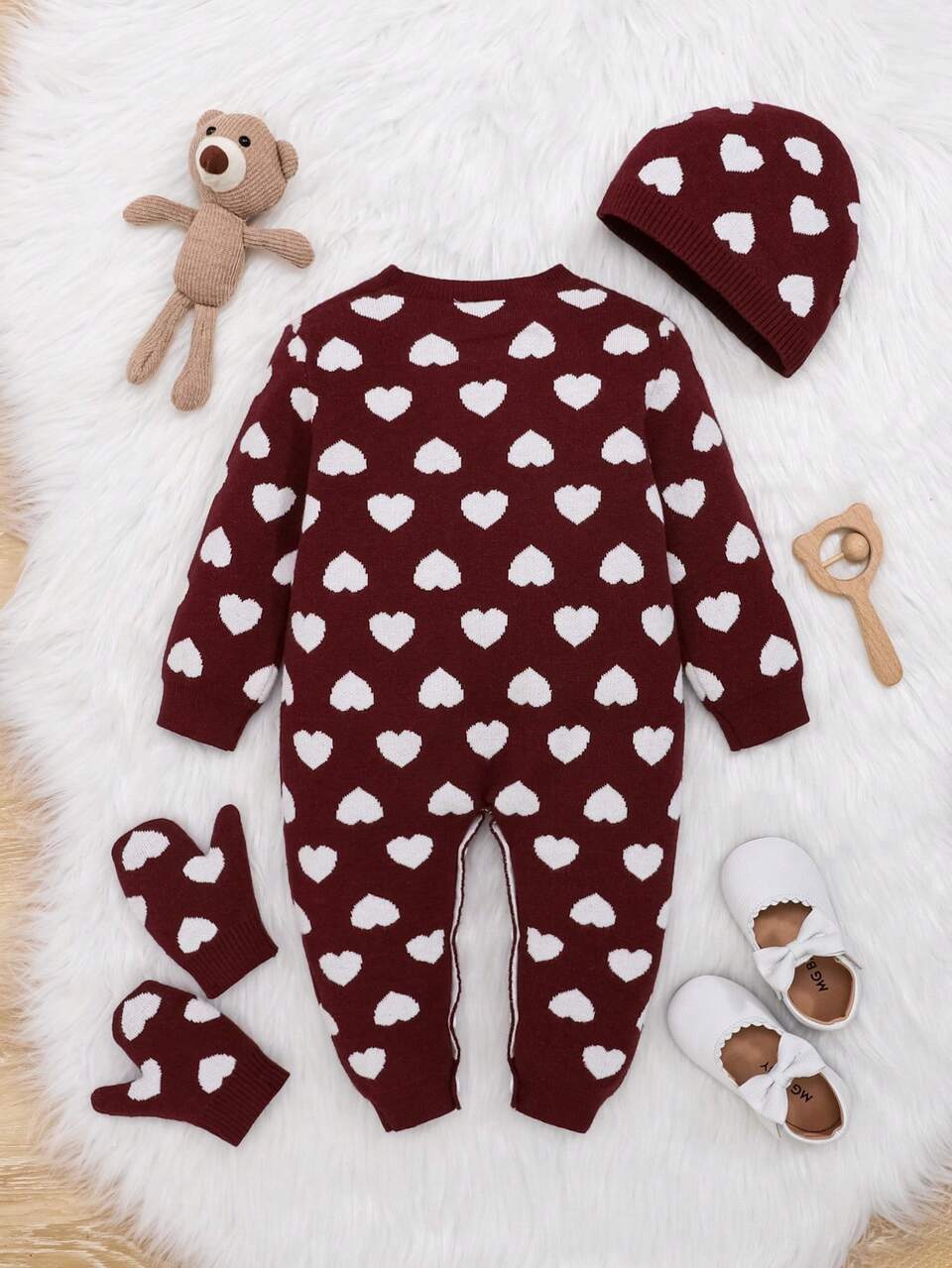 Baby Girl Heart Pattern Knit Jumpsuit & Hat & Gloves