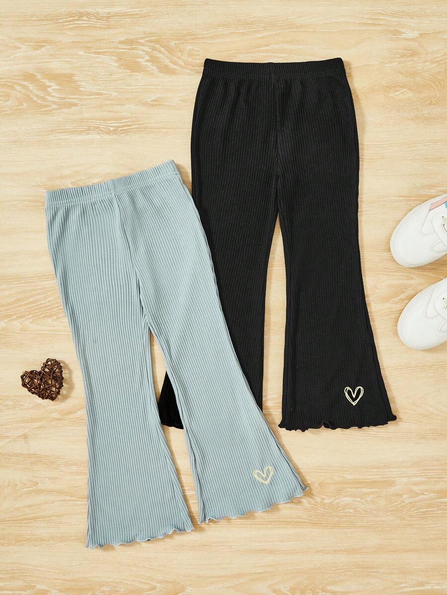 SHEIN 女小童2入組愛心刺繡木耳邊喇叭褲