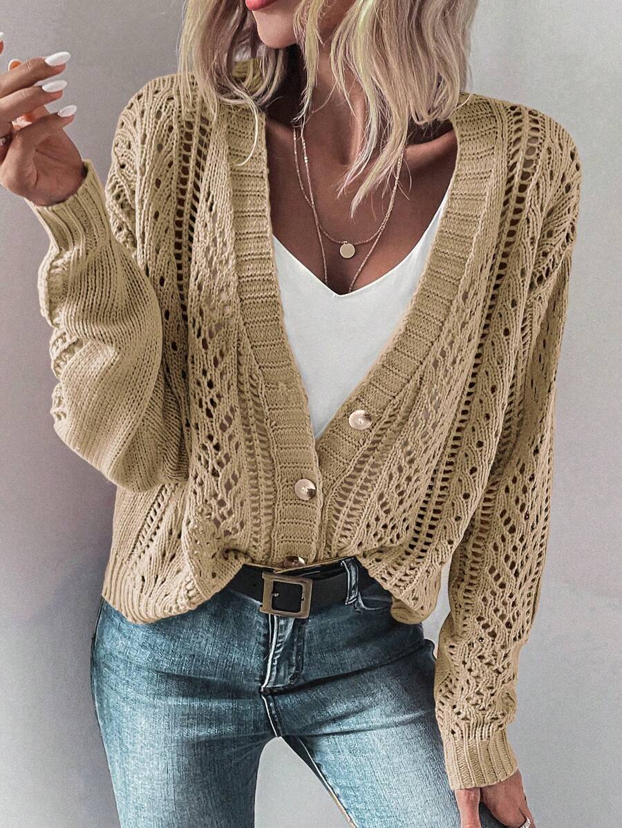 SHEIN LUNE Dệt kim chấm bi Thả vai Áo len Mở - Màu Khaki - Xem 1