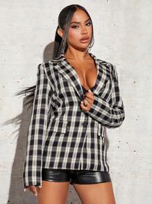 SHEIN SXY Blazer con estampado de cuadros de cuello con solapa