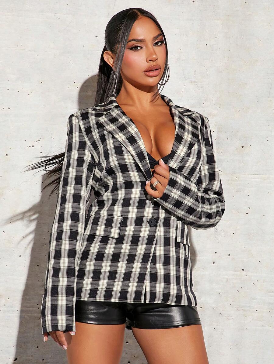 SHEIN SXY Plaid Print Lapel Neck Blazer - Black and White - View 1