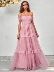 SHEIN Belle Váy lưới trễ vai - Hồng - Xem 1
