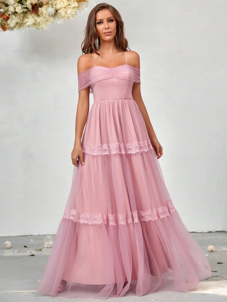 SHEIN Belle Váy lưới trễ vai - Hồng - Xem 1