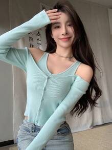 DAZY Cold Shoulder Ribbed Knit Sweater,Fall Clothes