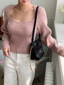 DAZY Cổ Trái tim Tay Raglan Đồ đan Ribbed Áo len - Bụi hồng - Xem 3