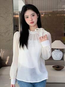 DAZY Solid Tie Neck Puff Sleeve Blouse - White - View 6