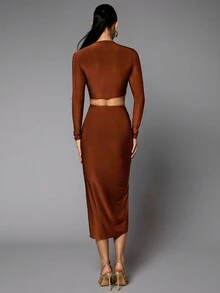 SHEIN BAE Top crop unicolor & Falda fruncido bajo asimétrico - Café integral - Ver 2