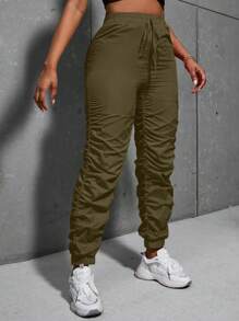 Zolique Solid Tie Waist Jogger Pants - Army Green - View 3