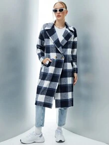 SHEIN Qutie 格紋印花雙排釦花呢外套 - 藏蓝色 - 查看 4