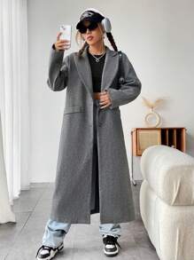 SHEIN Unity Cổ áo không bâu Nút đôi Kiểu Dài Áo khoác - Màu xám đen - Xem 3