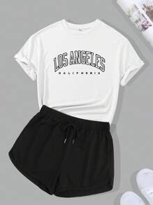 SHEIN EZwear Bộ thời trang Plus Size Dây kéo Lá thư Giải trí - Đen và trắng - Xem 1