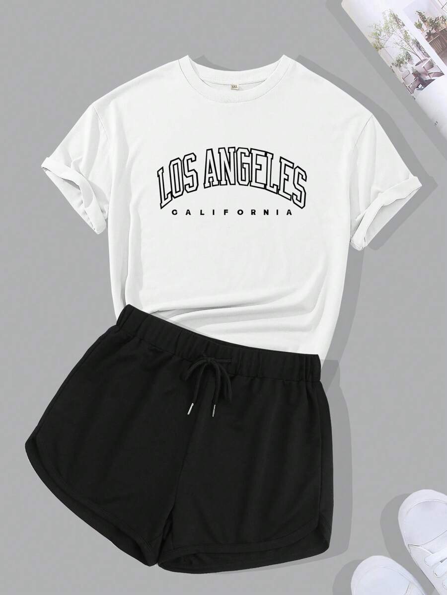 SHEIN EZwear Bộ thời trang Plus Size Dây kéo Lá thư Giải trí - Đen và trắng - Xem 1