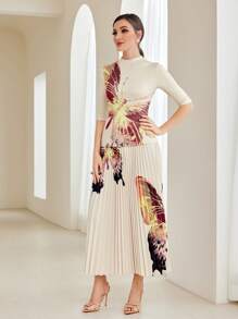 Modelyn In hoa Áo thun & Chân Váy xếp ly - Màu be - Xem 6